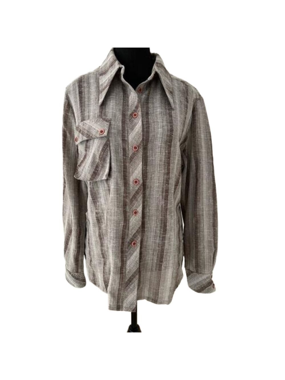 MISTER LEONARD Vintage Button Long Sleeve Front Striped Shirt Coastal 1970's
